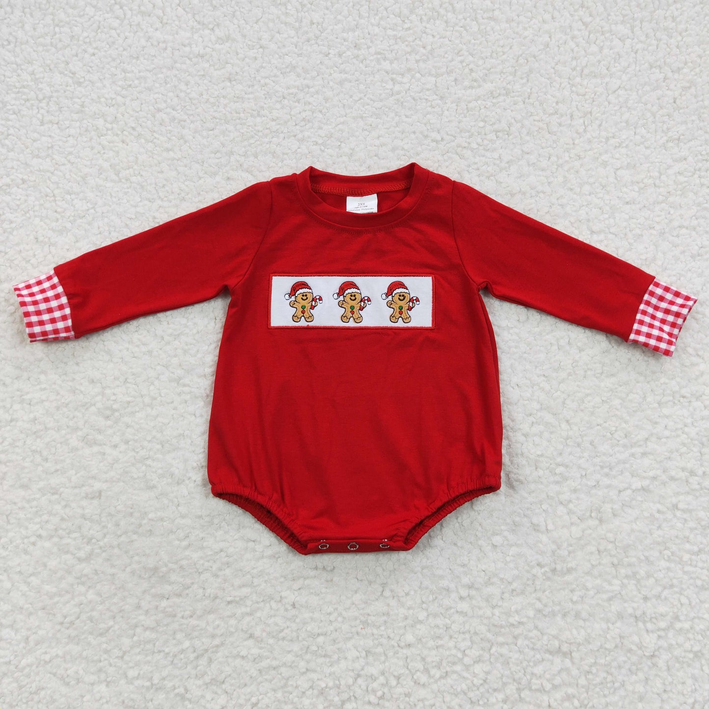 LR0394 Christmas Embroidered gingerbread Man red plaid long-sleeved onesie