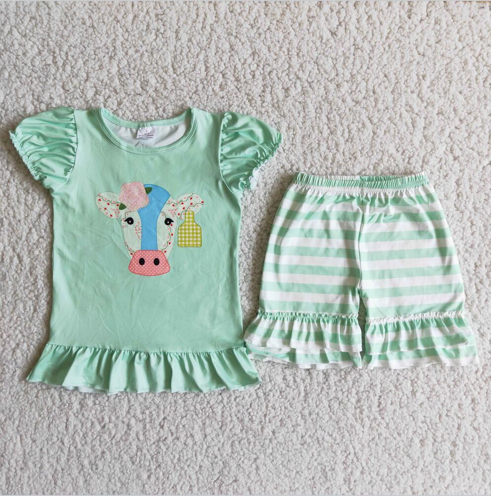 B9-1 Green Cow Girl Ruffle Summer Boutique Clothing