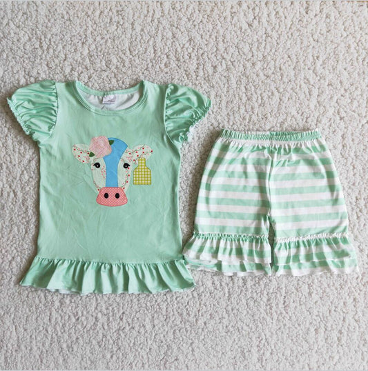 B9-1 Green Cow Girl Ruffle Summer Boutique Clothing