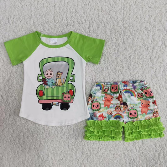 B9-12 Green Cartoon Girl Icing Shorts Summer Boutique Clothing