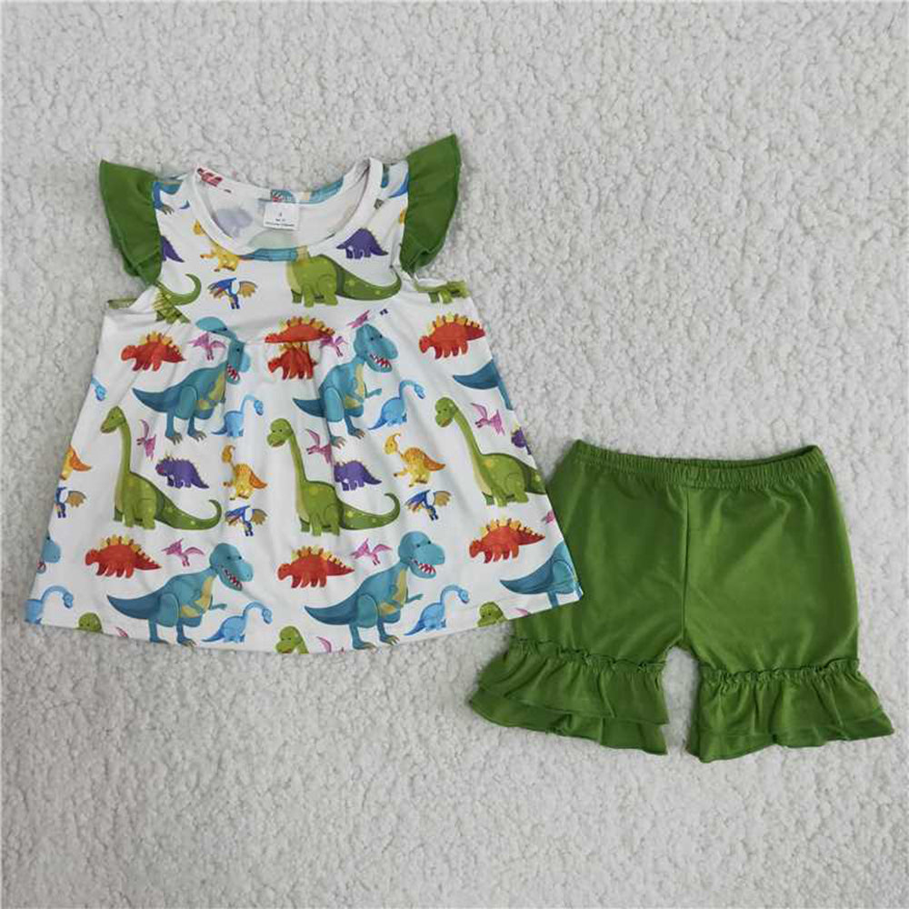 5.17 RTS NO MOQ Baby Girls Summer Sets B9-2 Green Dinosaur Flutter Sleeve Ruffles Shorts Sets