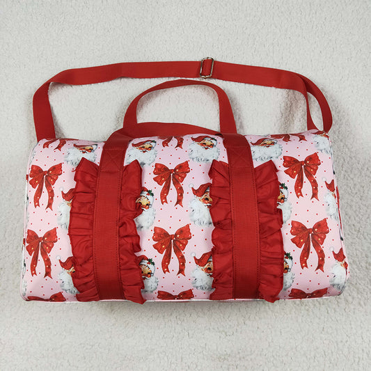 7.8 RTS NO MOQ Adult Gym backpack BA0306 Christmas Red Ruffle Bows Santa Print Zipper Gym Bags