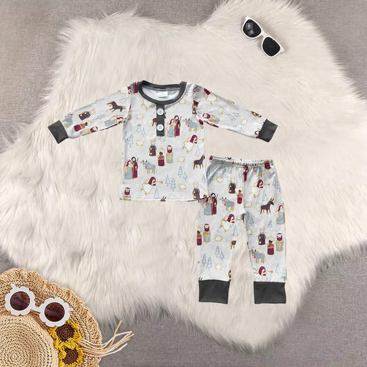 7.7 RTS NO MOQ Sibling Baby Kids Gray Christmas Nativity Pajamas Sets