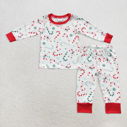6.23 RTS NO MOQ Baby Girls Long Sleeve Outfits BLP0253 Christmas Candy Cane Pajamas Clothes Sets