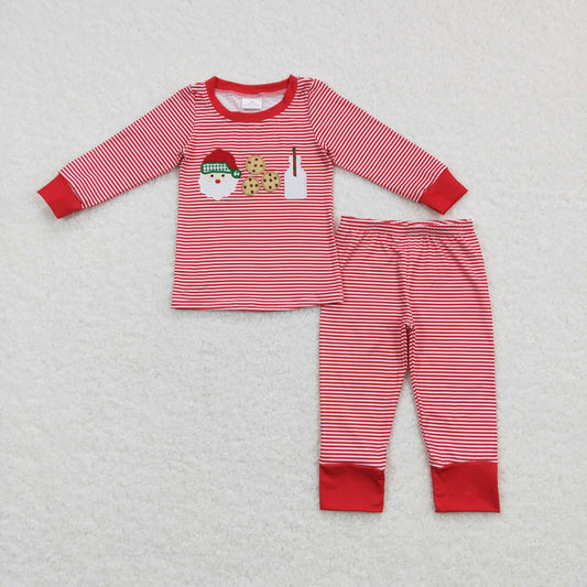 USA Shop RTS Baby Boys Christmas Embroidery Santa Shirt Red Stripes Pants Pajamas Set