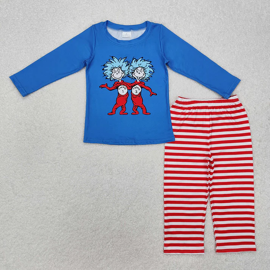 RTS NO MOQ Sibling Boys Baby Girls Long Sleeve Sets Blue Cat Hat Top Red Stripe Pants Clothes Suits