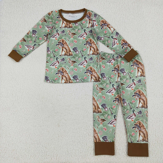 7.15 RTS NO MOQ Baby Boys Sets BLP1070 Green Long Sleeves Dogs Ducks Hunting Top Pant Pajamas Sets