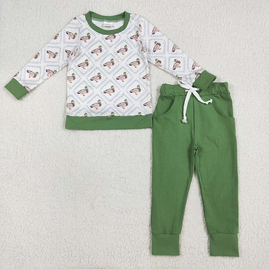 7.15 RTS NO MOQ Baby Boys Sets BLP1071 Long Sleeves Green Ducks Top Pockets Legging Pant Pajamas Sets