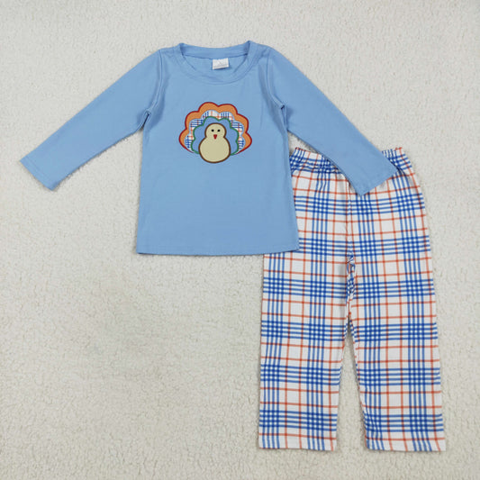 7.18 RTS NO MOQ Baby Boys Sets BLP1079 Blue Thanksgiving Turkey Top Checkered Pant Sets
