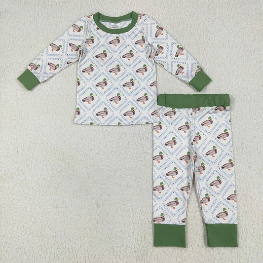 6.26 RTS NO MOQ Baby Boys Sets BLP1086 Long Sleeves Green Ducks Plaid Top Pant Pajamas Sets
