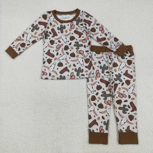 7.29 RTS NO MOQ Baby Boys Sets BLP1141  Brown Western Bull Skull Cactus Top Pant Pajamas Sets