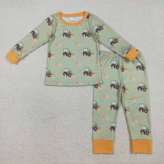 7.18 RTS NO MOQ Baby Boys Sets BLP1142 Green Long Sleeves Pumpkins Trucks Top Pant Pajamas Sets