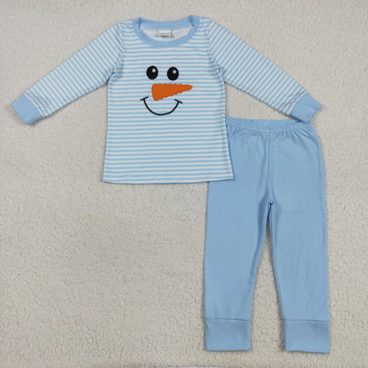 7.23 RTS NO MOQ Baby Boys Sets BLP1150 Light Blue Stripe Winter Snowman Top Pant Pajamas Sets