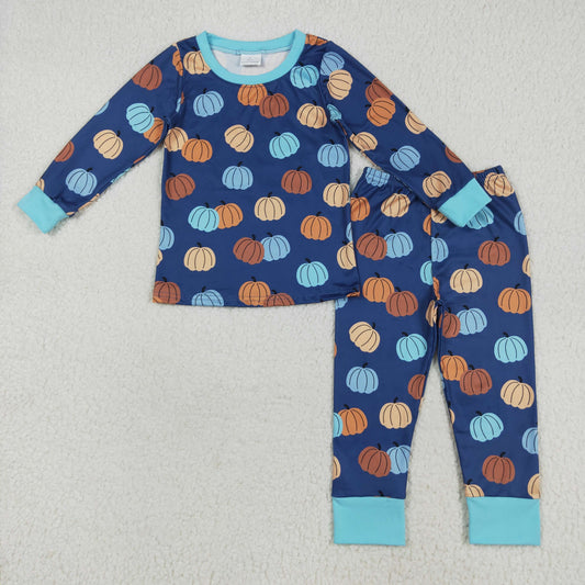 7.29 RTS NO MOQ Baby Boys Sets BLP1153 Long Sleeves Fall Blue Pumpkins Top Pant Pajamas Sets
