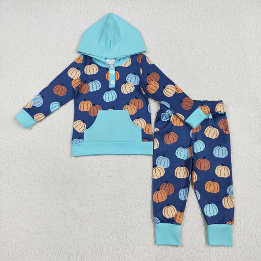 7.23 RTS NO MOQ Baby Boys Sets BLP1154 Colorful Pumpkins Pocket Button Hoodies Legging Pants Sets