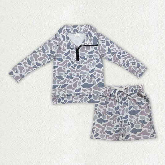 RTS Baby Boys Kids Long Sleeves Zipper Pullover Shirt Pockets Shorts Grey Camo Set