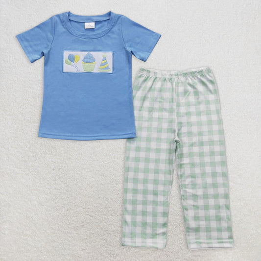 5.15 RTS NO MOQ Baby Boys Summer Sets BSPO0190 Blue Birthday Short Sleeve Tee Shirts Top Pants Clothing Sets