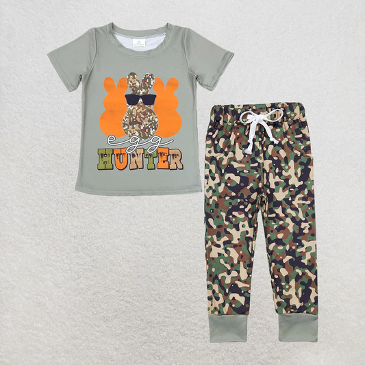RTS NO MOQ Summer Sibling  Baby Girls Boys Easter Rabbit Hunter Shirts Tops Camo Pants Sibling Clothes Sets