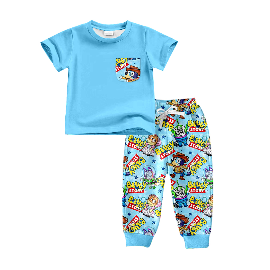 BSPO0375 Blue Summer Short Sleeve Kid Clothing Set Boutique Outfit