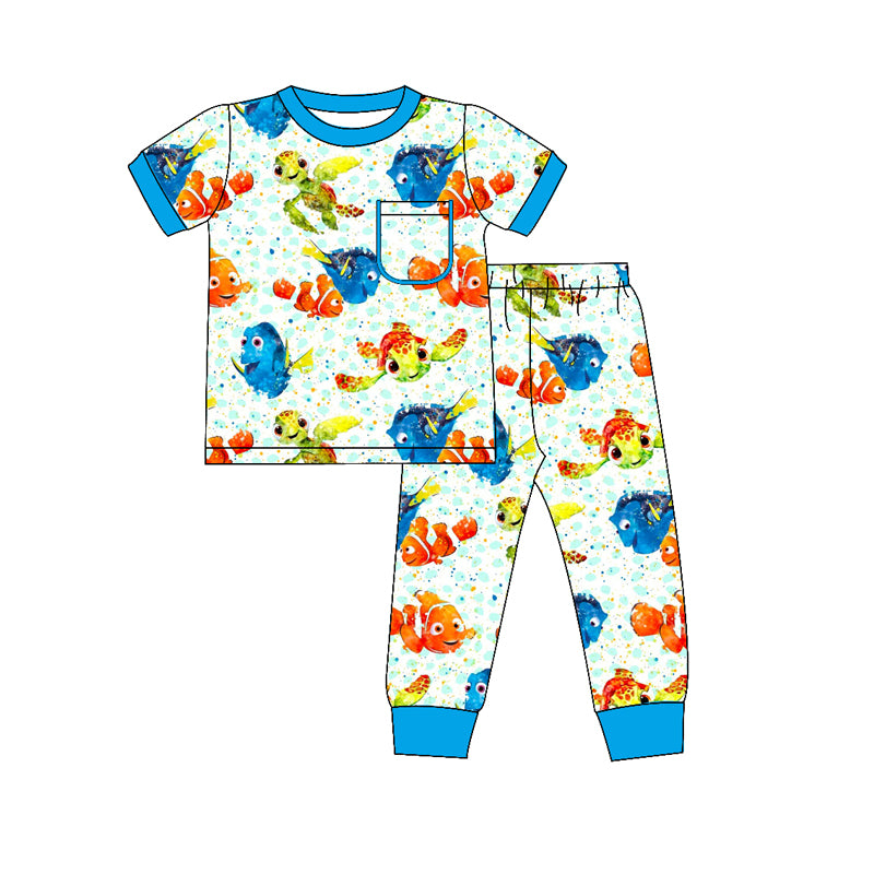 BSPO0419 Blue Fish Wholesale Baby Kids Wear Boutique Kid Clothing Set