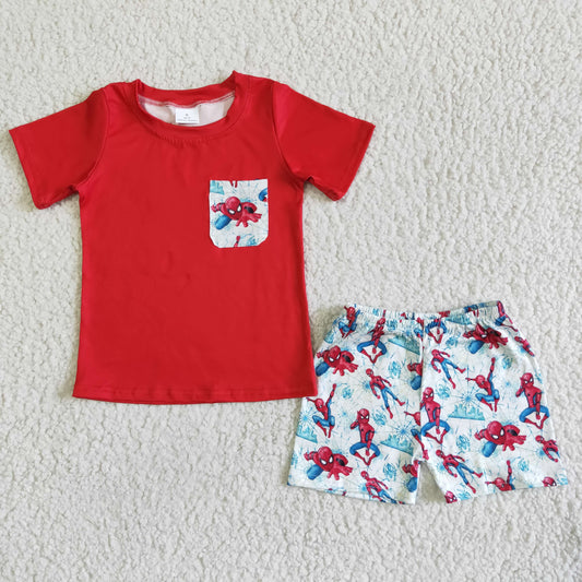 RTS NO MOQ Baby Boys Summer Sets BSSO0009 Red Pocket Short Sleeve Shorts Sets