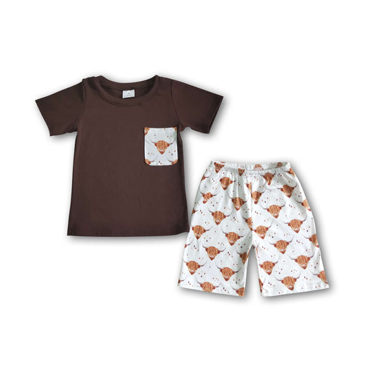 6.21 RTS NO MOQ Baby Boys Summer Sets BSSO0032 Brown Top Western Highland Pocket Shorts Sets