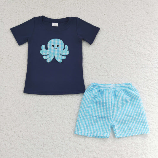 RTS NO MOQ Baby Boys Summer Sets BSSO0088 Octopus Embroidered Shirt Seersucker Shorts Kids Outfits