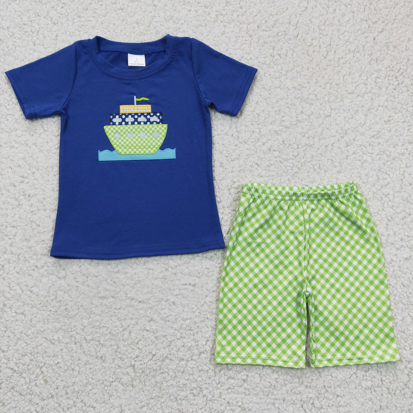 6.14 RTS NO MOQ Baby Boys Summer Sets BSSO0097 Boats Embroidery Shirt Plaid Shorts Sets