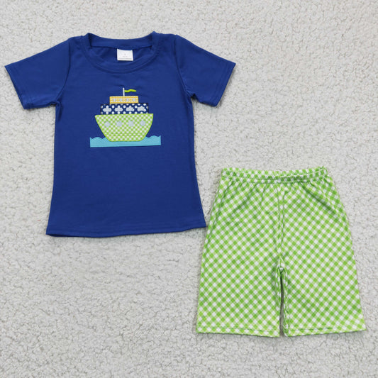 6.14 RTS NO MOQ Baby Boys Summer Sets BSSO0097 Boats Embroidery Shirt Plaid Shorts Sets