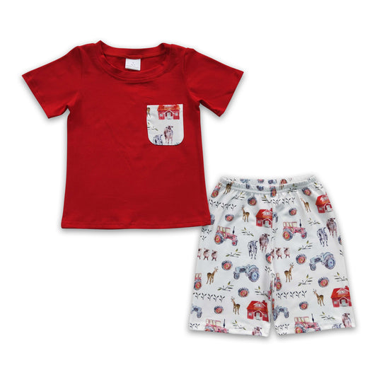 RTS NO MOQ Baby Boys Summer Sets BSSO0120 Red Shirt Cow Farm Pockets Shorts Sets