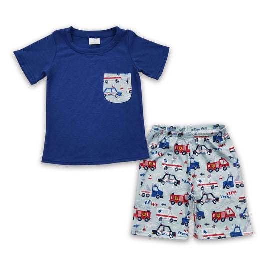 RTS NO MOQ Baby Boys Summer Sets BSSO0121 Blue Firetrucks Pockets Shorts Sets