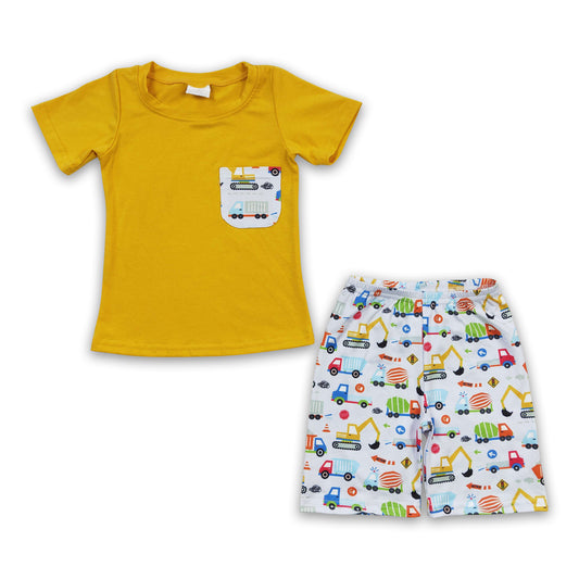 RTS NO MOQ Baby Boys Summer Sets BSSO0122 Excavator Yellow Pockets Shirt Shorts Sets