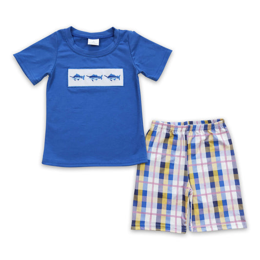 5.17 RTS NO MOQ Baby Boys Summer Sets BSSO0125 Sharks Embroidery Cotton blue shorts sets