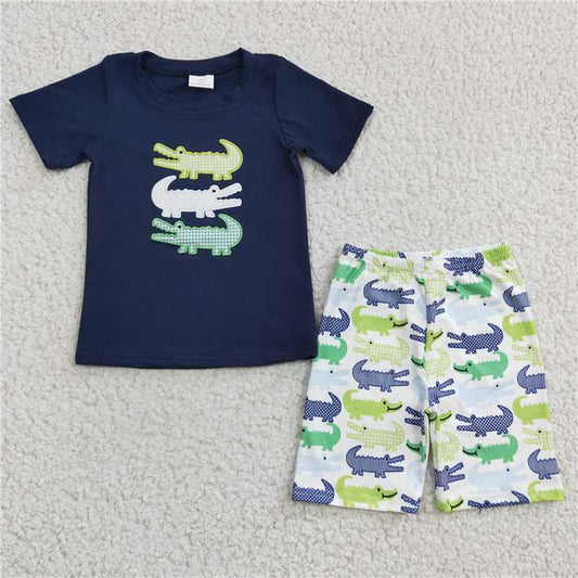 5.14 RTS NO MOQ Summer Sibling Baby Girls Boys Crocodile Embroidery Cotton Shorts Sets