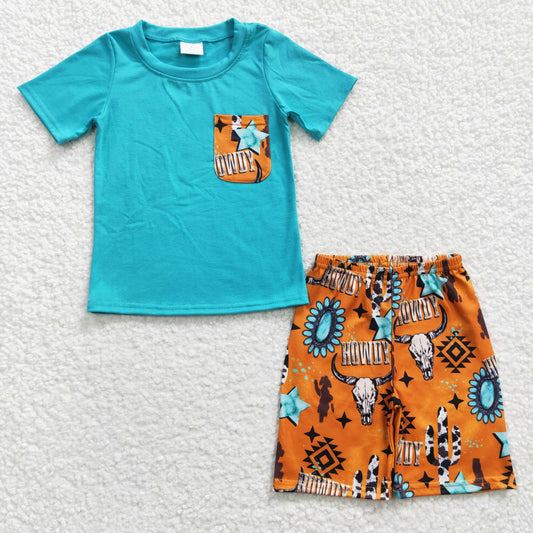 6.14 RTS NO MOQ Baby Boys Summer Sets BSSO0140 Western Cow Pockets Shorts Sets