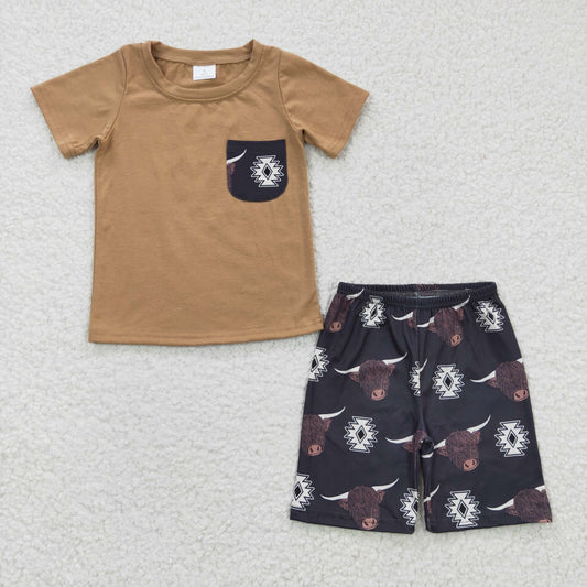 6.14 RTS NO MOQ Baby Boys Summer Sets BSSO0148 Highland Cow Tee Shirts Shorts Sets