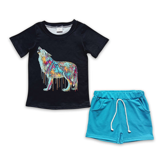 6.21 RTS NO MOQ Baby Boys Summer Sets BSSO0219 Wolf Short Sleeve Tee Shirts Shorts Sets