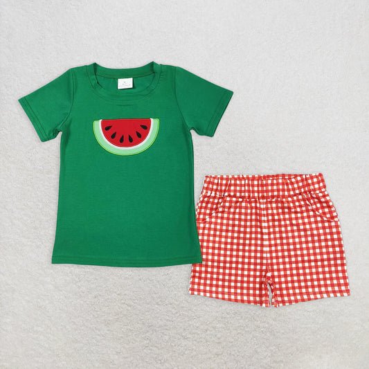 RTS NO MOQ Baby Boys kids Summer Sets BSSO0345 Watermelon Short Tee Shirts Checkered Shorts Clothes Sets