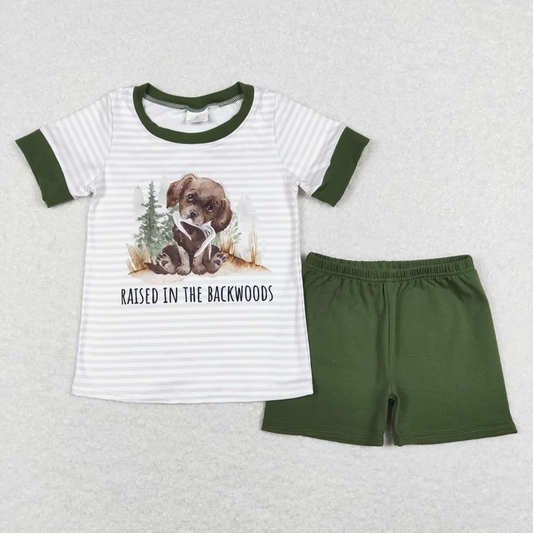 RTS NO MOQ Summer Sibling Baby Boys Khaki Stripes Duck Dog Hunting Tee Shirts Tops Shorts Clothing Sets