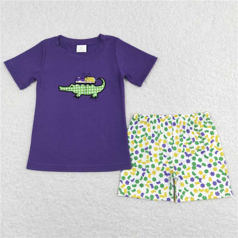 5.14 RTS NO MOQ Summer Sibling Baby Girls Boys Mardi Gras Crocodile Purple Shirt Shorts Outfits Clothing Sets