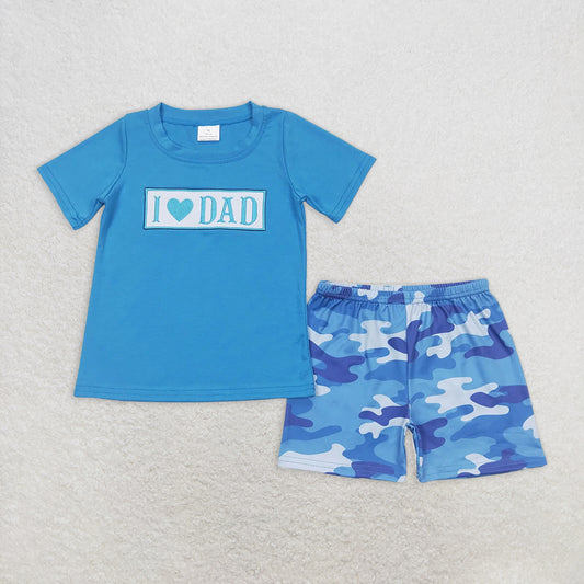 RTS NO MOQ Baby Boys kids Summer Sets BSSO0455 I Love Dad Shirt Tops Blue Camo Shorts Clothes Sets