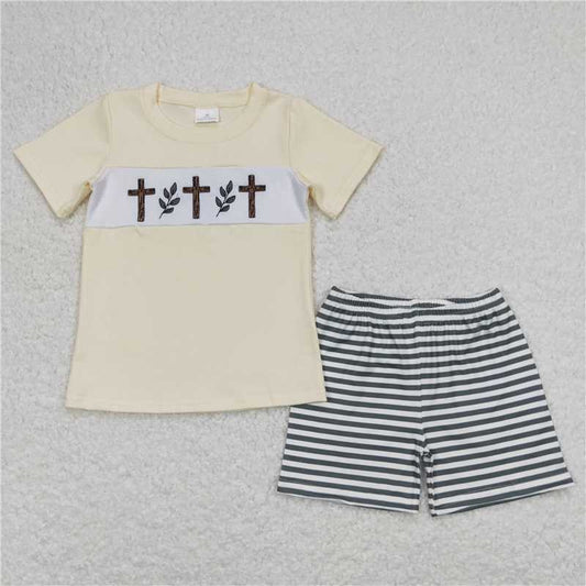 5.24 RTS NO MOQ Summer Sibling Baby Boys Easter Cross Rompers Clothes Sets