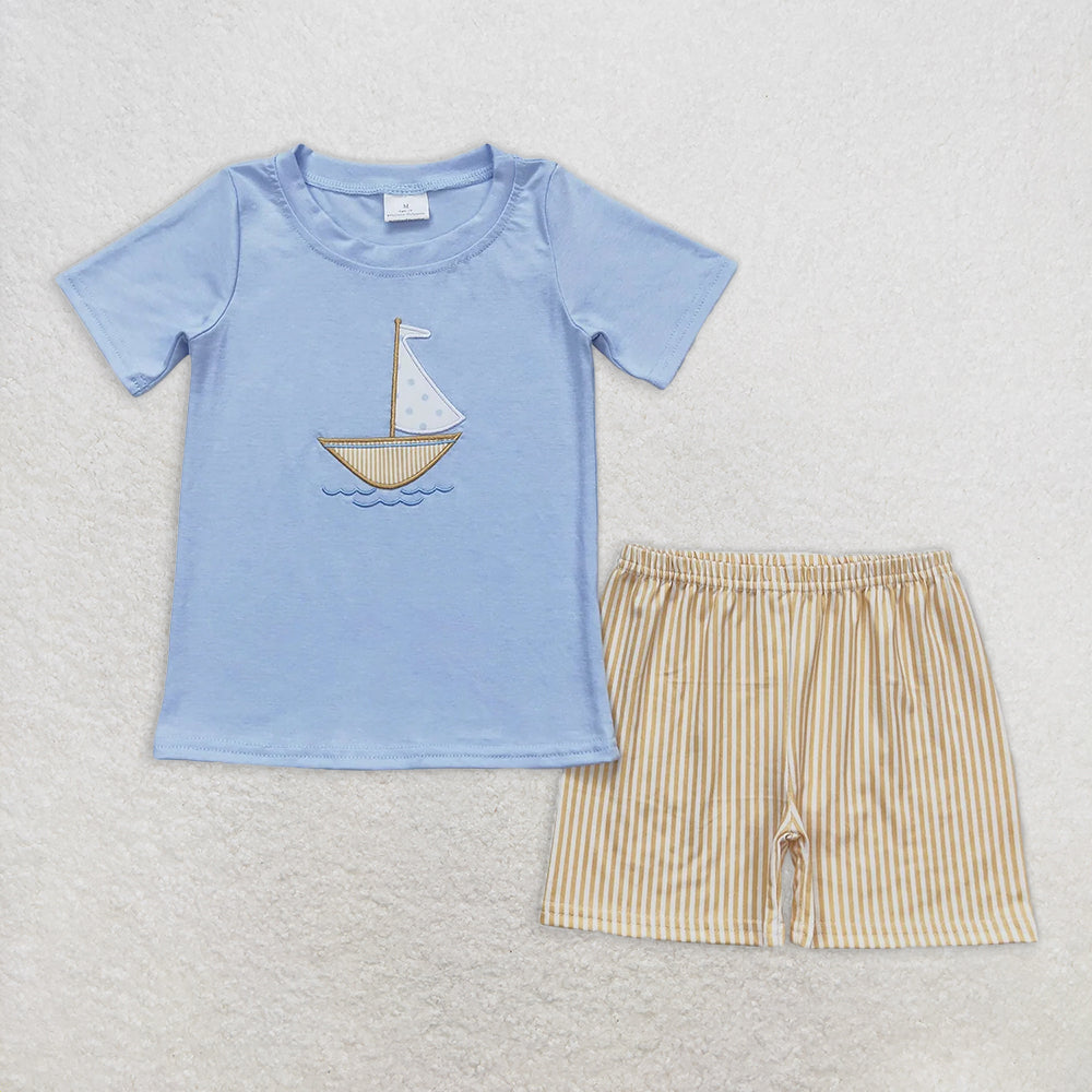 RTS NO MOQ Baby Boys kids Summer Sets BSSO0602 Sailboat Blue Short Sleeve Shirt Shorts Clothes Sets