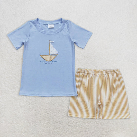 RTS NO MOQ Baby Boys kids Summer Sets BSSO0602 Sailboat Blue Short Sleeve Shirt Shorts Clothes Sets