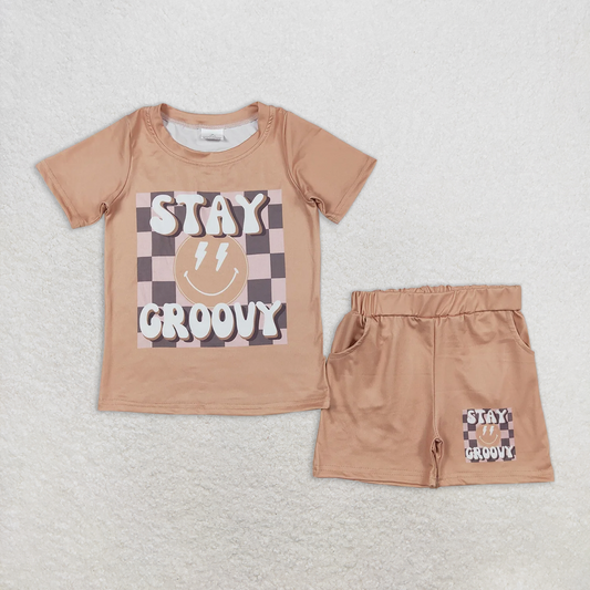 RTS NO MOQ Baby Boys kids Summer Sets BSSO0613 Stay Groovy Shirt Khaki Shorts Outfits Clothes Sets
