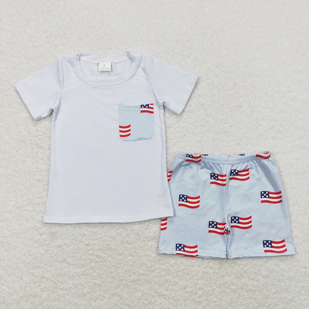 7.7 RTS NO MOQ Summer 2 Colors Sibling Baby Boys 4th of July Flags Pocket Shirts Shorts Outfits
