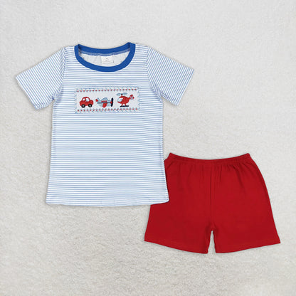 RTS NO MOQ Summer Sibling Baby Boys Blue Stripes Transpotation Sibling Brother Clothes Sets