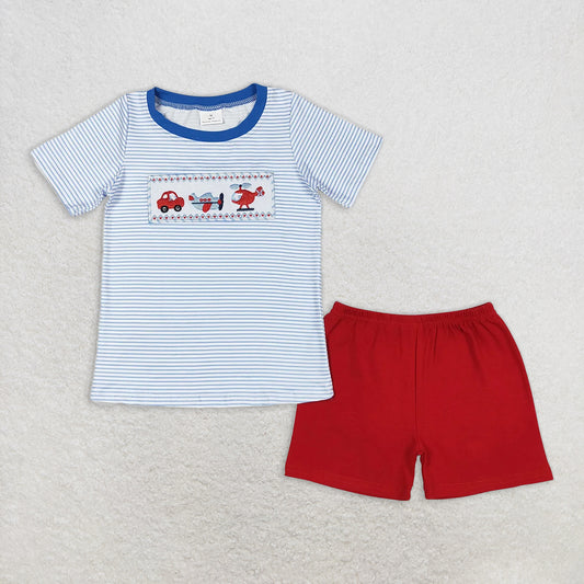 RTS NO MOQ Summer Sibling Baby Boys Blue Stripes Transpotation Sibling Brother Clothes Sets