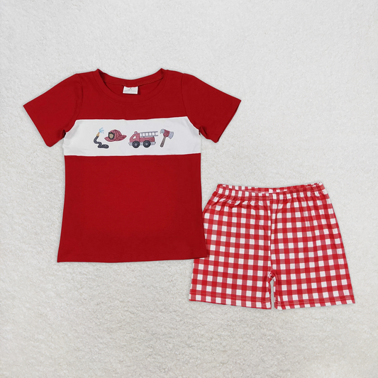 RTS NO MOQ Baby Boys kids Summer Sets BSSO0666 Fire Truck Red Shirt Shorts Outfits Clothes Sets