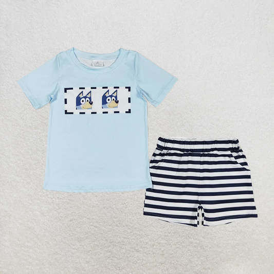 RTS NO MOQ Baby Boys kids Summer Sets BSSO0682 Blue Short Sleeve Tee Shirt Striped Shorts Clothes Sets